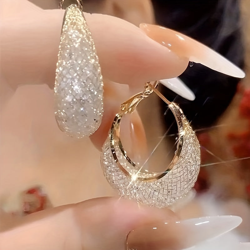 Luxurious 18K Plated Hoop Earrings - Sparkling Mesh Design, Fashionable Women's Jewelry Gift, Hypoallergenic, Nickel-Free, Durable, and Stylish Accessories for Any Occasion