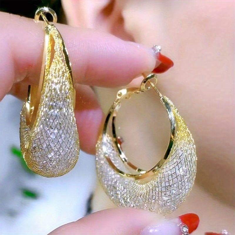 Luxurious 18K Plated Hoop Earrings - Sparkling Mesh Design, Fashionable Women's Jewelry Gift, Hypoallergenic, Nickel-Free, Durable, and Stylish Accessories for Any Occasion