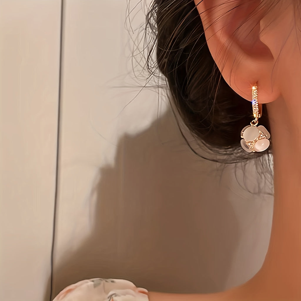 Exquisite Ball Design Moonstone Inlaid Dangle Earrings Elegant Luxury Style Copper Jewelry Delicate Female Gift