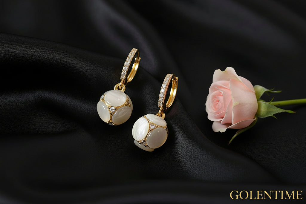 Exquisite Ball Design Moonstone Inlaid Dangle Earrings Elegant Luxury Style Copper Jewelry Delicate Female Gift