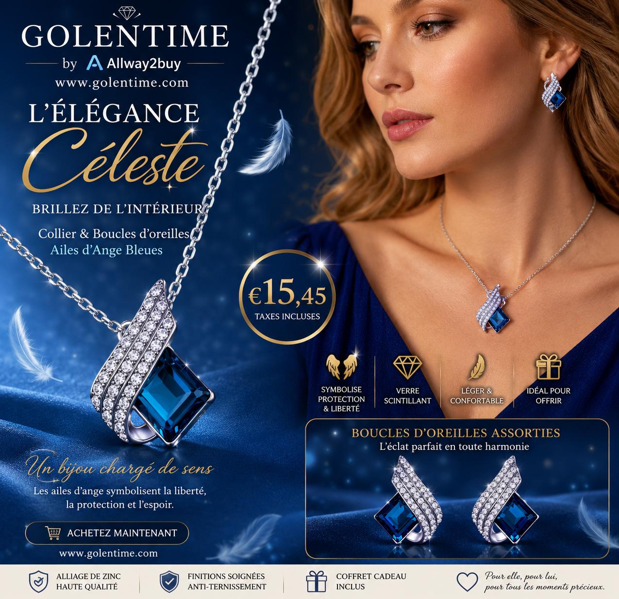 10 _Luxurious Blue Angel Wings Pendant Necklace Set - Alloy Craftsmanship, Sparkling Jewelry Gift for Men and Women