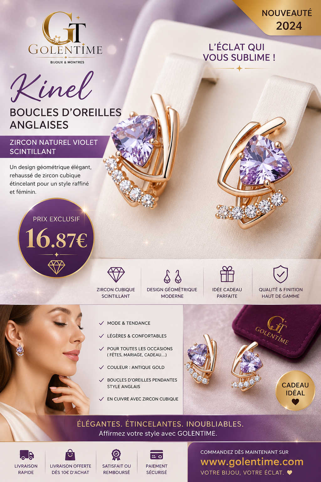 23_Kinel – boucles d'oreilles anglaises en Zircon naturel violet scintillant pour femmes, mode 585 couleur or Rose, bijoux quotidiens de fête Vintage