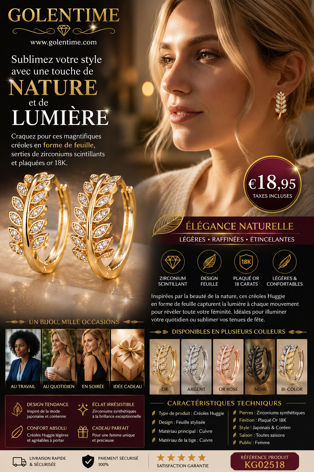 03_[1Pair Leaf Earrings] Zirconia Inlaid Leaf-Shaped Hoop Huggie Earrings for Women 1Pair Holiday Jewelry