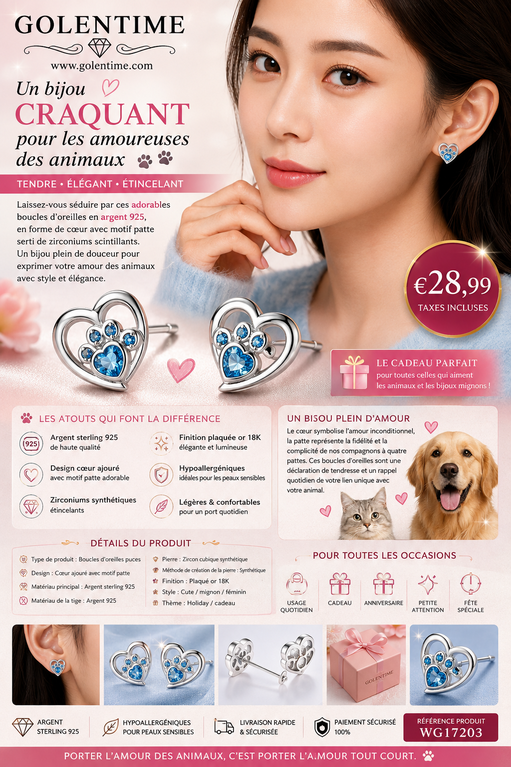 12 _Sterling 925 Silver Hollow Heart Shape Paw Pattern Zirconia Decor Stud Earrings - Hypoallergenic Jewelry for Sensitive Ears - Cute Adorable Female Gift with Shiny Finish