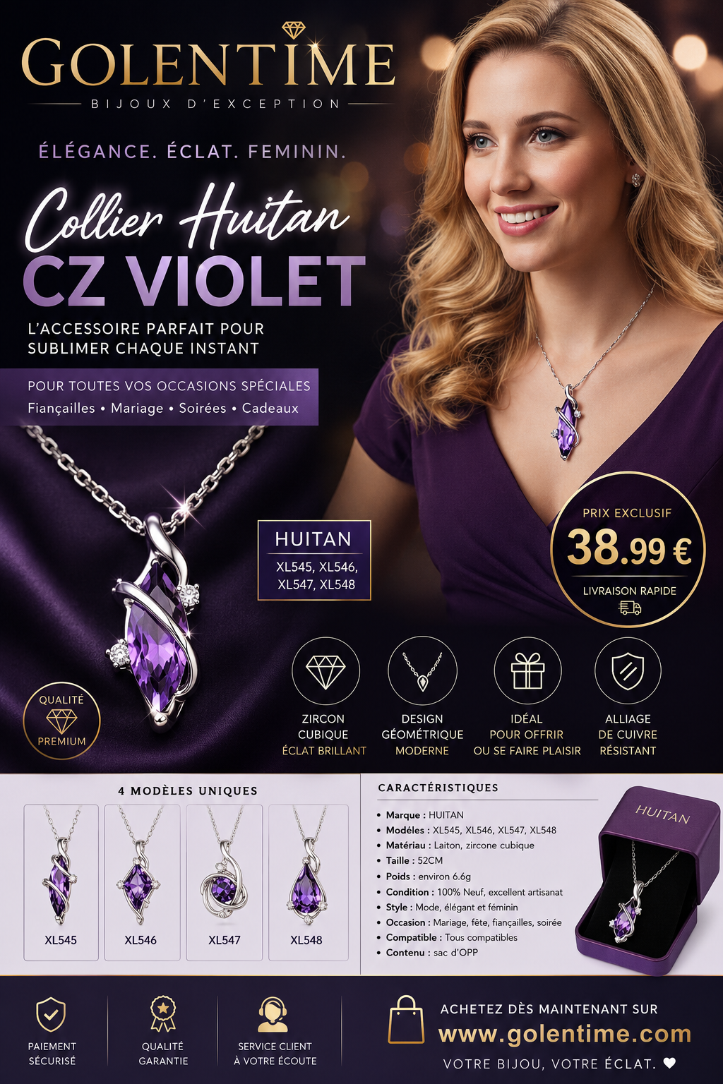 01_Huitan – collier de série CZ violet pour femmes, accessoires de fête de fiançailles, nouveau design, livraison directe