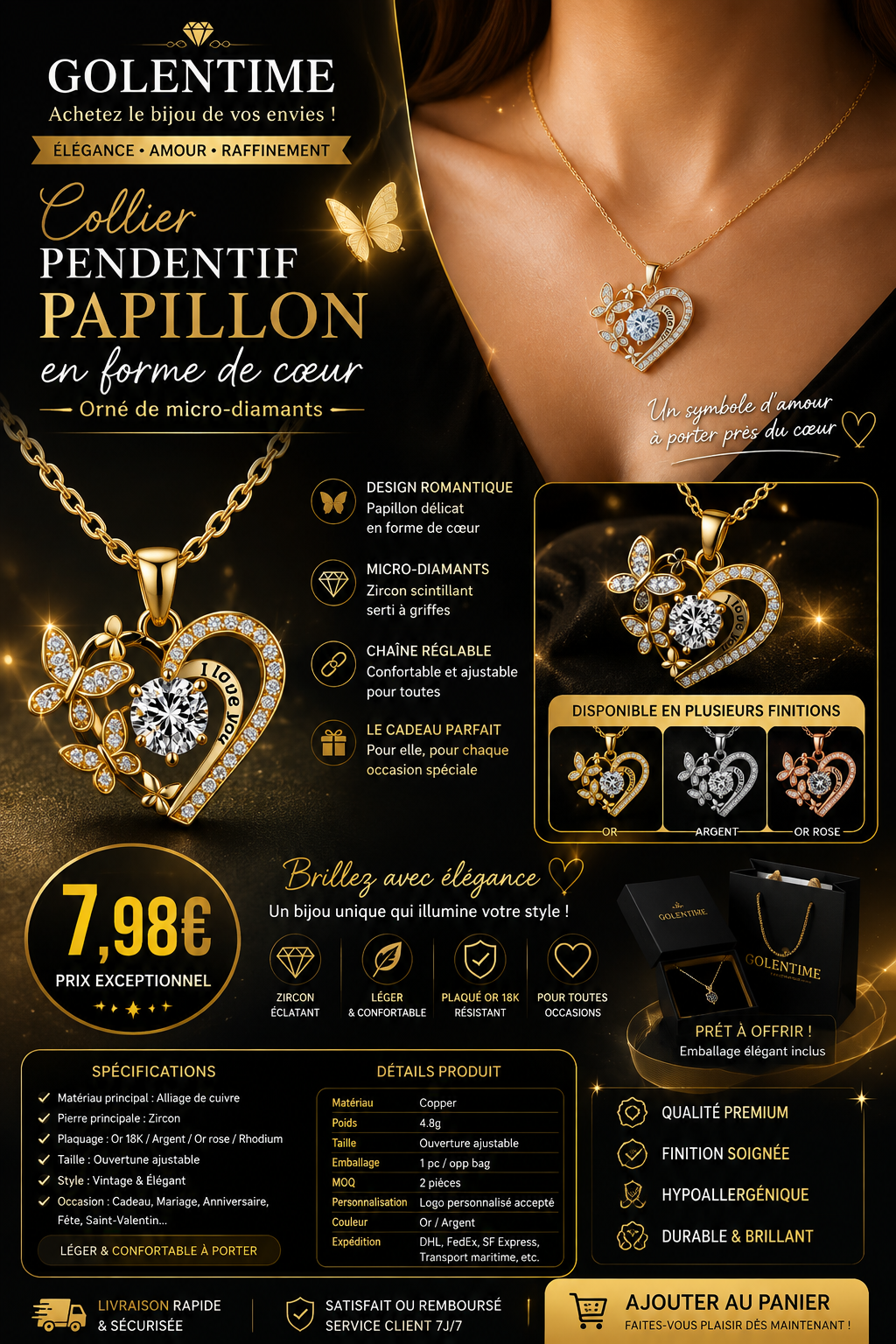 17_Luxury love Fashion love butterfly Micro Embedded Diamond I love You Forever Heart Heart Shape Light Luxury Pendant Necklace