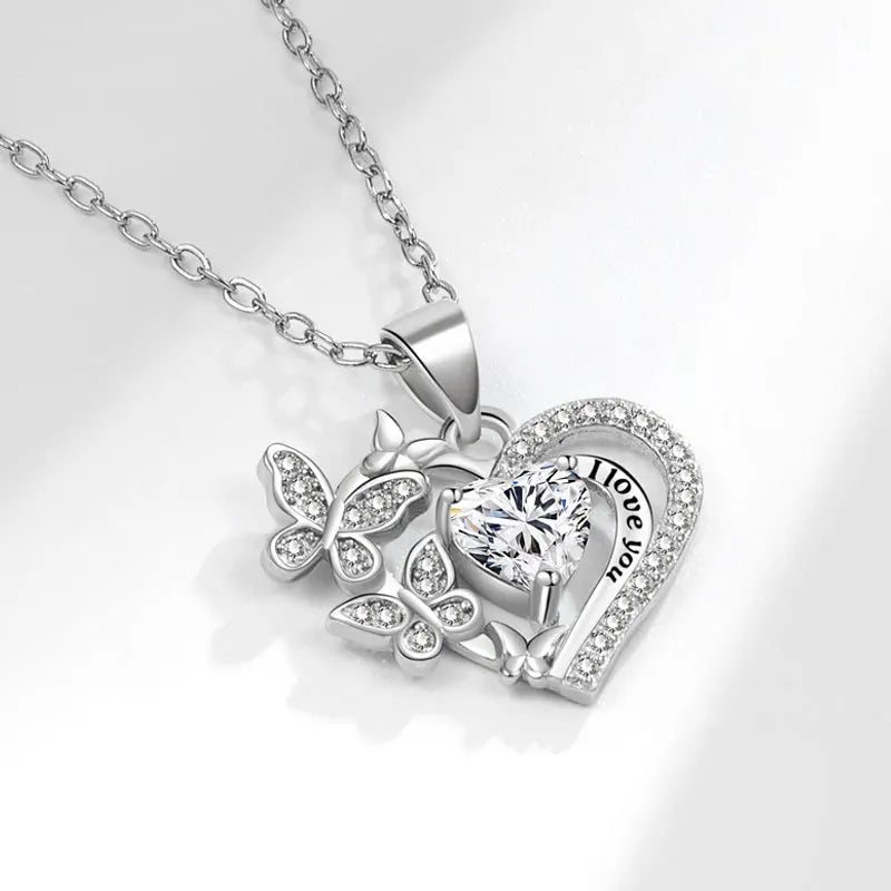 Luxury love Fashion love butterfly Micro Embedded Diamond I love You Forever Heart Heart Shape Light Luxury Pendant Necklace