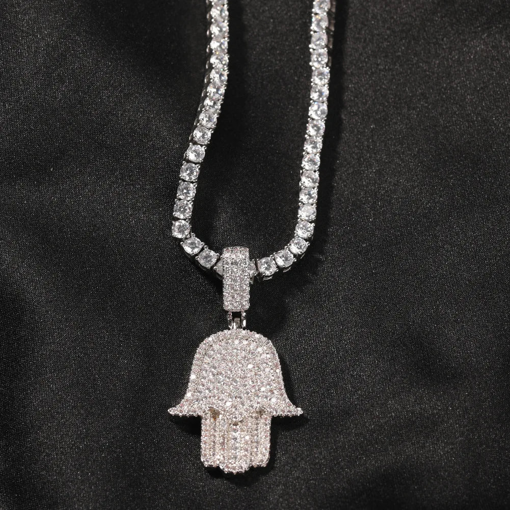 High Quality Turkish Jewelry for Women Hamsa Hand Pendant Lucky Charm Micro Pave CZ Silver Plated Necklace Cuban Link Chain