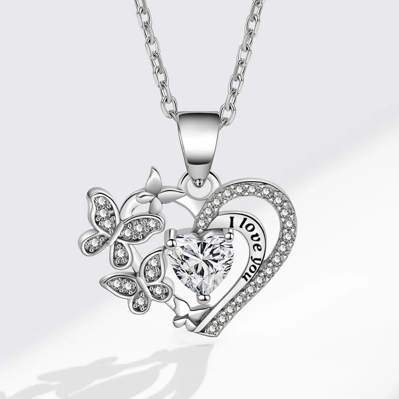 Luxury love Fashion love butterfly Micro Embedded Diamond I love You Forever Heart Heart Shape Light Luxury Pendant Necklace