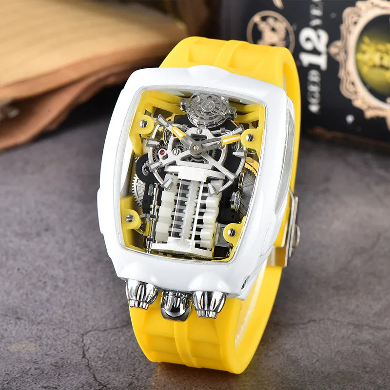 Luxury Men's Watch Stainless Steel Skeleton Case with Silicone Band Japanese Automatic Movement Watch Engine Decoration Watch