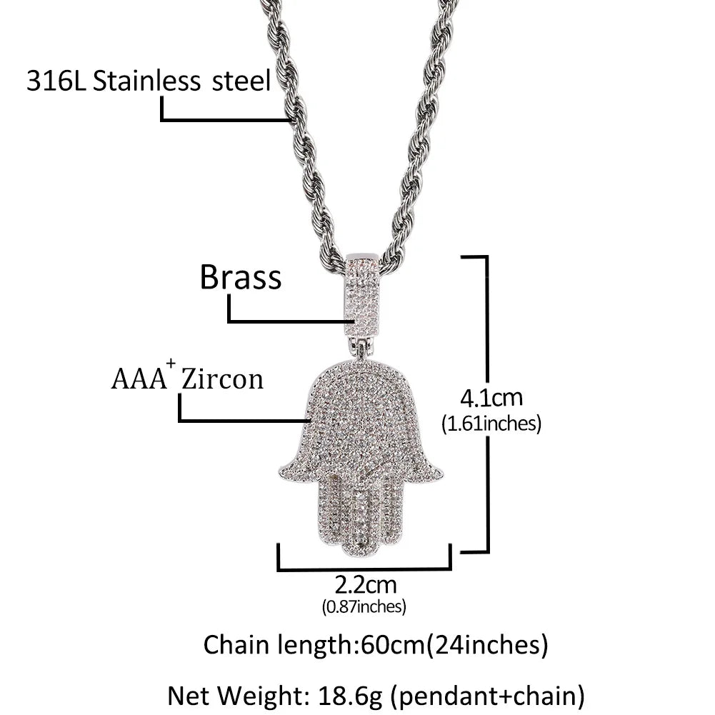 High Quality Turkish Jewelry for Women Hamsa Hand Pendant Lucky Charm Micro Pave CZ Silver Plated Necklace Cuban Link Chain