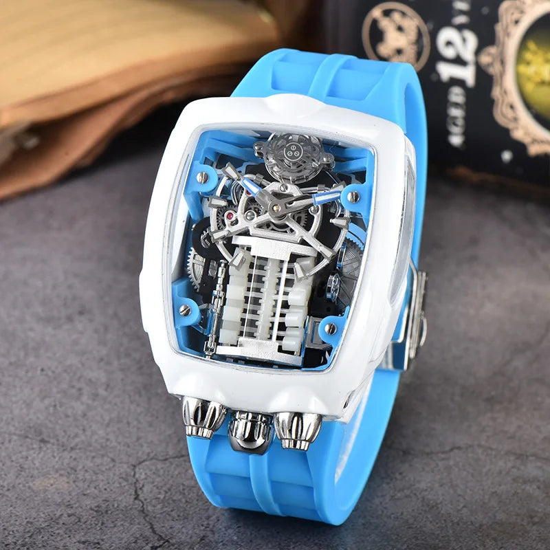 Luxury Men's Watch Stainless Steel Skeleton Case with Silicone Band Japanese Automatic Movement Watch Engine Decoration Watch