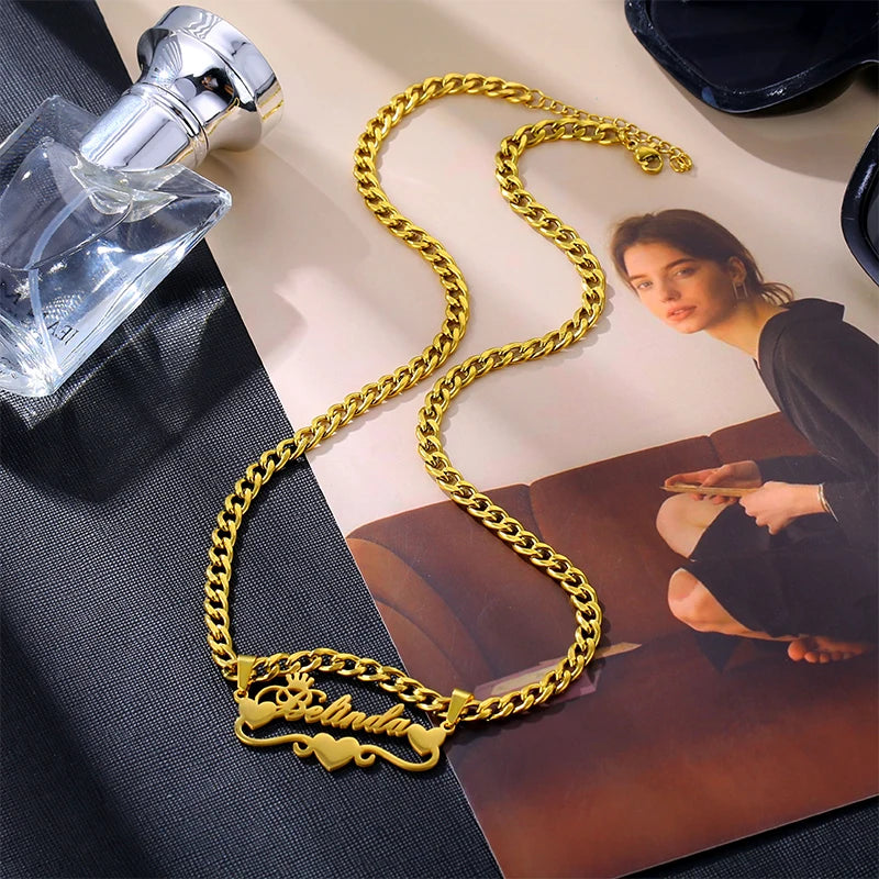 Custom Butterfly Cartoon Character Name Necklace Women Nameplate Jewelry Gold Stainless Steel Cuban Chain Initial Necklaces