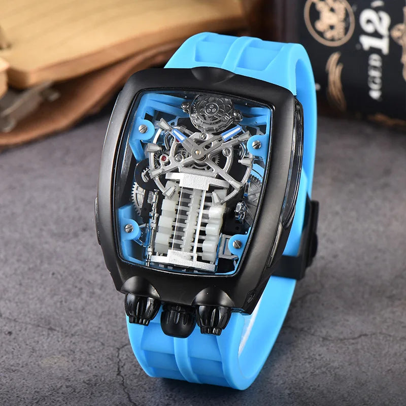 Luxury Men's Watch Stainless Steel Skeleton Case with Silicone Band Japanese Automatic Movement Watch Engine Decoration Watch