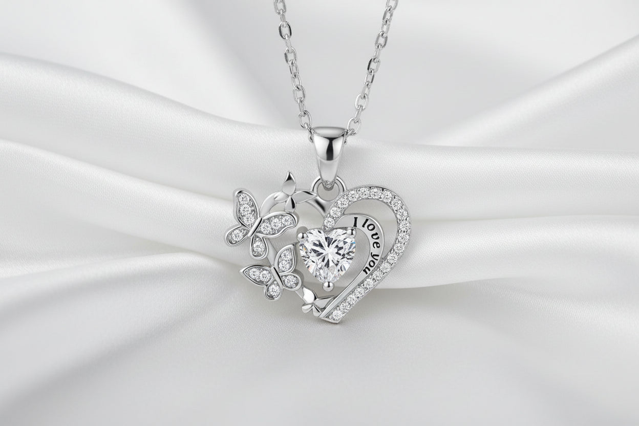 Luxury love Fashion love butterfly Micro Embedded Diamond I love You Forever Heart Heart Shape Light Luxury Pendant Necklace