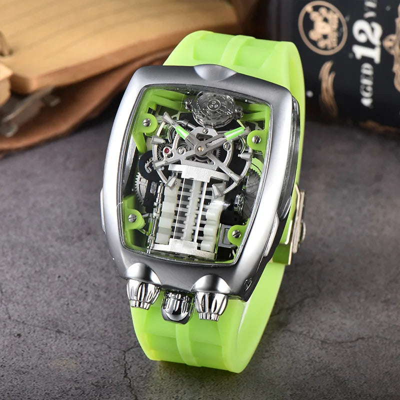 Luxury Men's Watch Stainless Steel Skeleton Case with Silicone Band Japanese Automatic Movement Watch Engine Decoration Watch