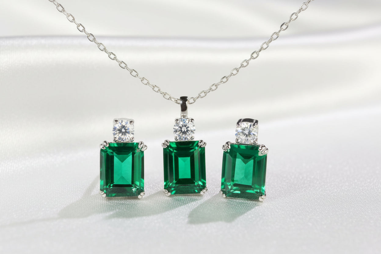 S925 Sterling Silver Necklace Set High Carbon Diamond Emerald Cut European American Cross-Border Style Hot-Selling Fine Jewelry