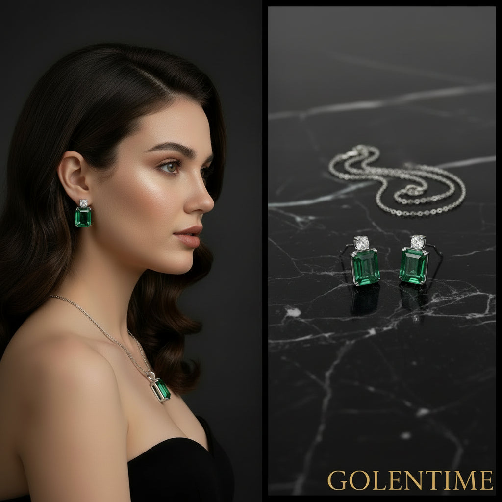 S925 Sterling Silver Necklace Set High Carbon Diamond Emerald Cut European American Cross-Border Style Hot-Selling Fine Jewelry