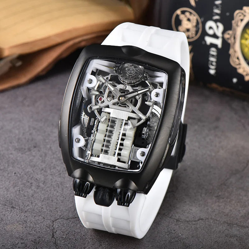 Luxury Men's Watch Stainless Steel Skeleton Case with Silicone Band Japanese Automatic Movement Watch Engine Decoration Watch