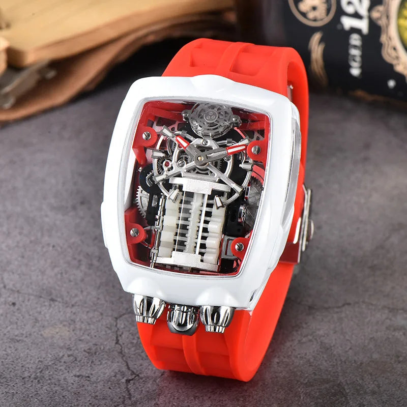 Luxury Men's Watch Stainless Steel Skeleton Case with Silicone Band Japanese Automatic Movement Watch Engine Decoration Watch
