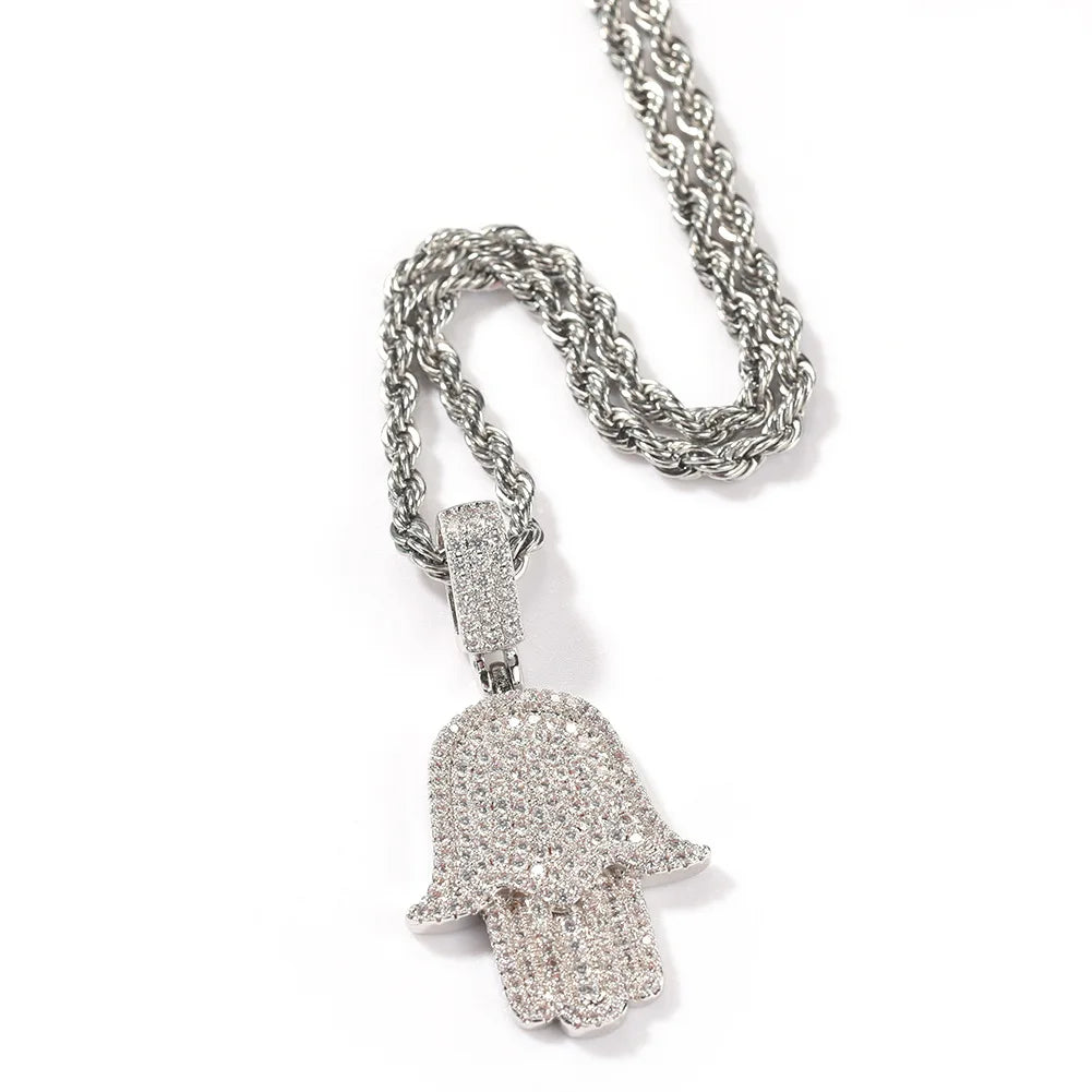 High Quality Turkish Jewelry for Women Hamsa Hand Pendant Lucky Charm Micro Pave CZ Silver Plated Necklace Cuban Link Chain