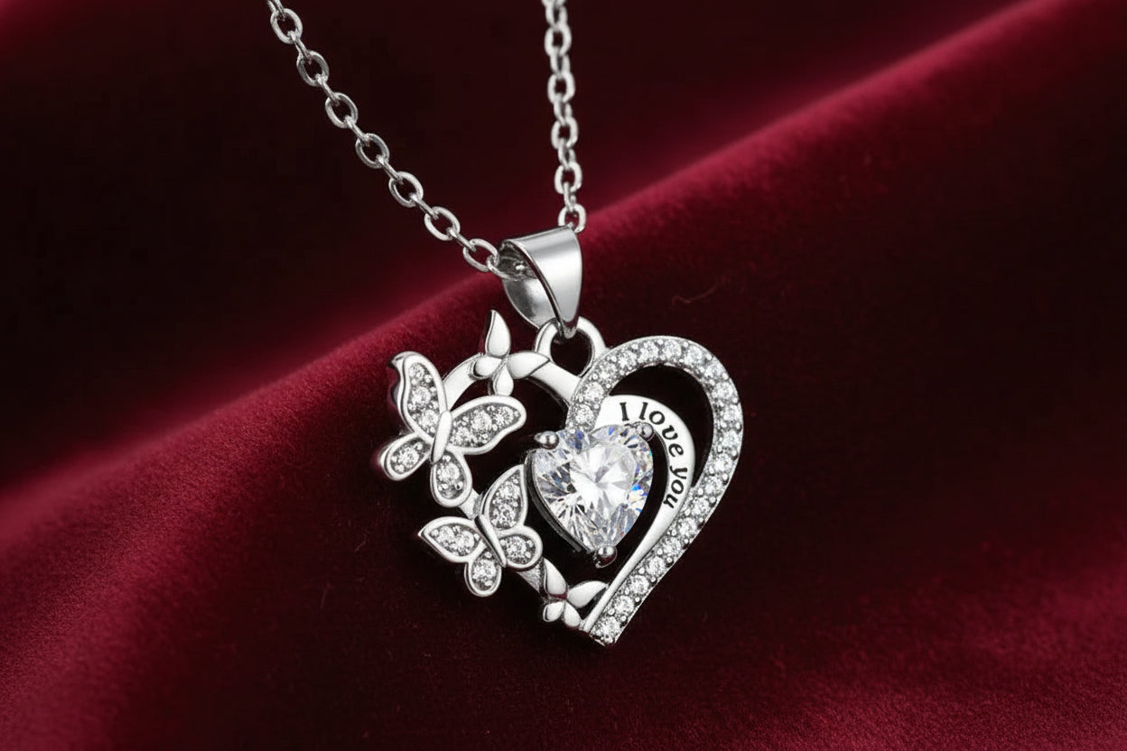 Luxury love Fashion love butterfly Micro Embedded Diamond I love You Forever Heart Heart Shape Light Luxury Pendant Necklace