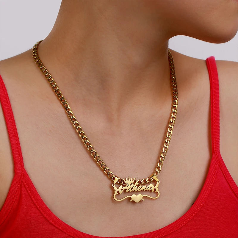 Custom Butterfly Cartoon Character Name Necklace Women Nameplate Jewelry Gold Stainless Steel Cuban Chain Initial Necklaces
