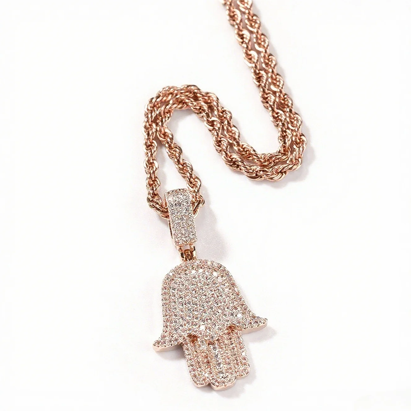 High Quality Turkish Jewelry for Women Hamsa Hand Pendant Lucky Charm Micro Pave CZ Silver Plated Necklace Cuban Link Chain