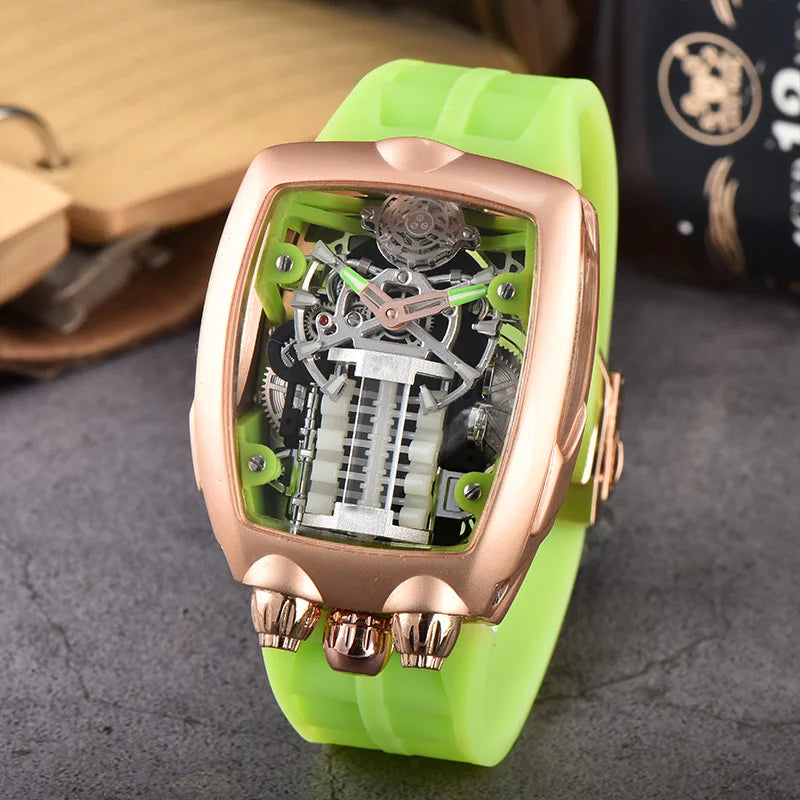 Luxury Men's Watch Stainless Steel Skeleton Case with Silicone Band Japanese Automatic Movement Watch Engine Decoration Watch