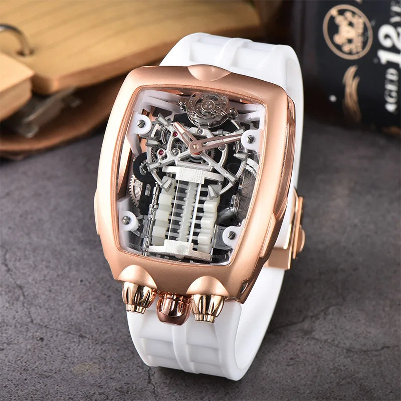 Luxury Men's Watch Stainless Steel Skeleton Case with Silicone Band Japanese Automatic Movement Watch Engine Decoration Watch