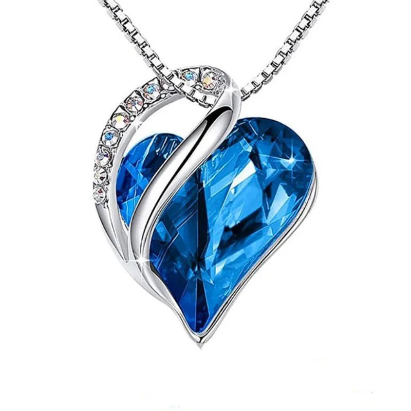 Retro Classic Heart of the Ocean Necklace Silver Plating Love Heart Shape Crystal Birthstone Necklace for Women Jewelry Gifts