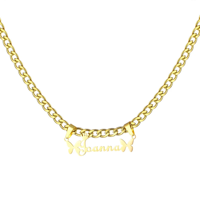 Custom Butterfly Cartoon Character Name Necklace Women Nameplate Jewelry Gold Stainless Steel Cuban Chain Initial Necklaces