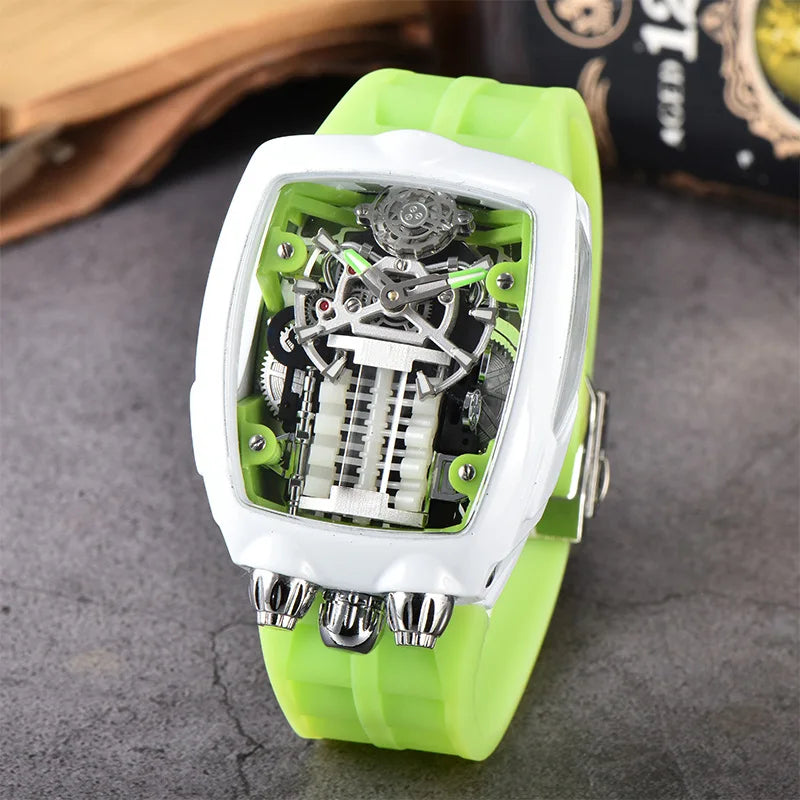 Luxury Men's Watch Stainless Steel Skeleton Case with Silicone Band Japanese Automatic Movement Watch Engine Decoration Watch