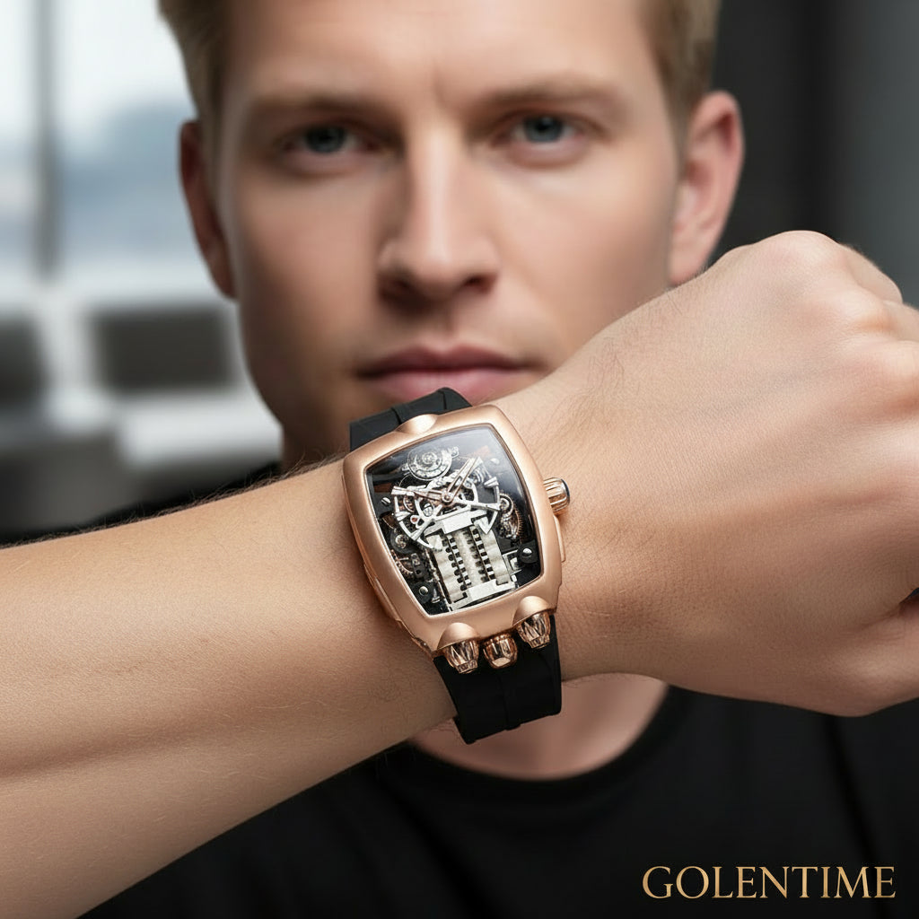 Luxury Men's Watch Stainless Steel Skeleton Case with Silicone Band Japanese Automatic Movement Watch Engine Decoration Watch