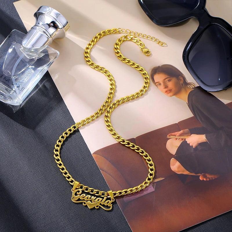 Custom Butterfly Cartoon Character Name Necklace Women Nameplate Jewelry Gold Stainless Steel Cuban Chain Initial Necklaces