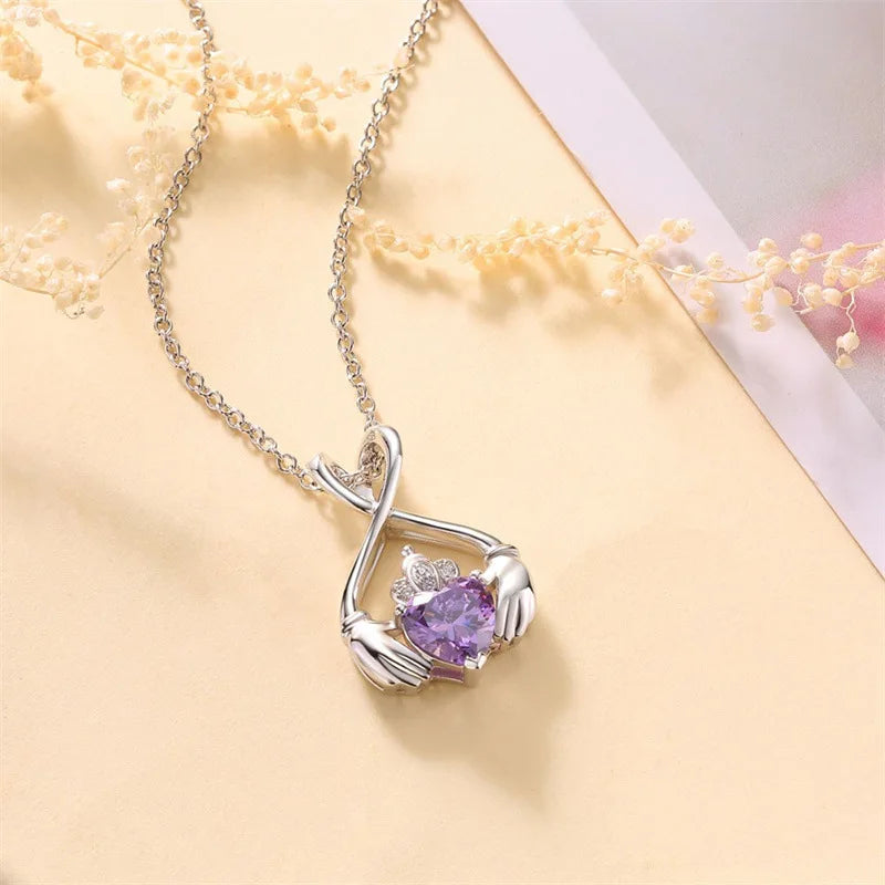 Irish Claddagh Eternity Love Pendant Necklace Trendy Silver Plated Zircon Good Luck Jewelry Gift for Women Birthday