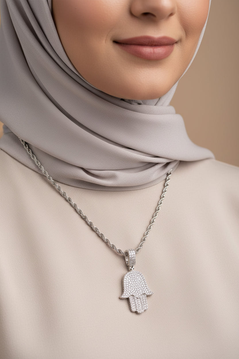 High Quality Turkish Jewelry for Women Hamsa Hand Pendant Lucky Charm Micro Pave CZ Silver Plated Necklace Cuban Link Chain