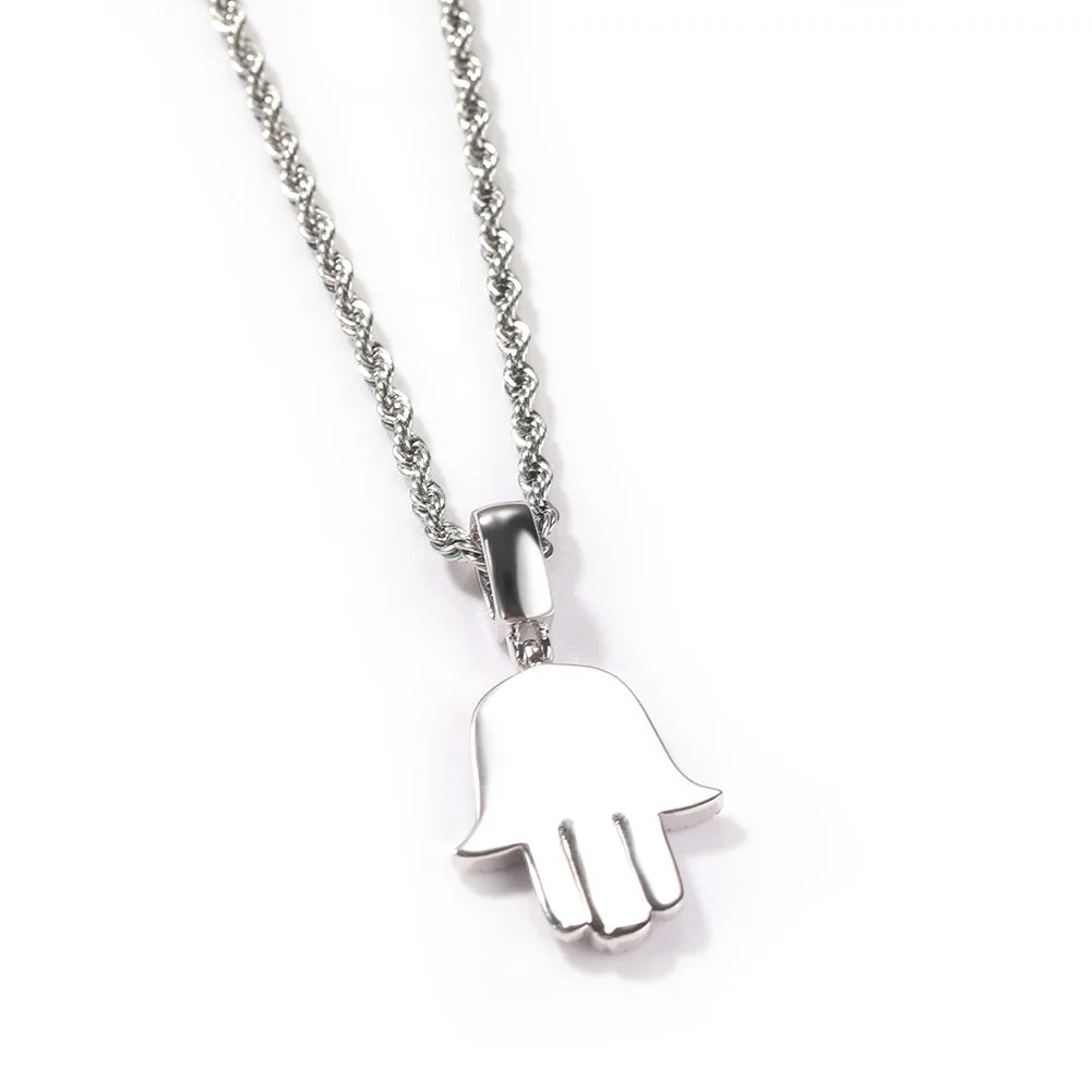 High Quality Turkish Jewelry for Women Hamsa Hand Pendant Lucky Charm Micro Pave CZ Silver Plated Necklace Cuban Link Chain