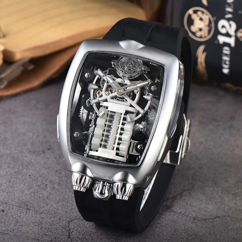 Luxury Men's Watch Stainless Steel Skeleton Case with Silicone Band Japanese Automatic Movement Watch Engine Decoration Watch