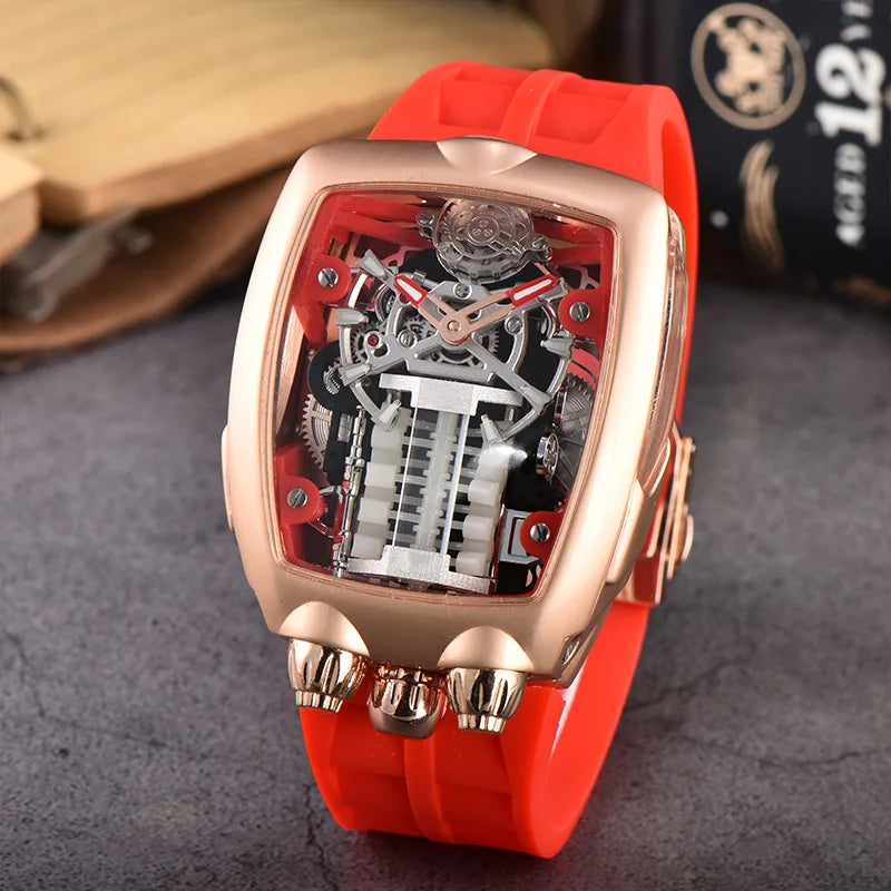 Luxury Men's Watch Stainless Steel Skeleton Case with Silicone Band Japanese Automatic Movement Watch Engine Decoration Watch