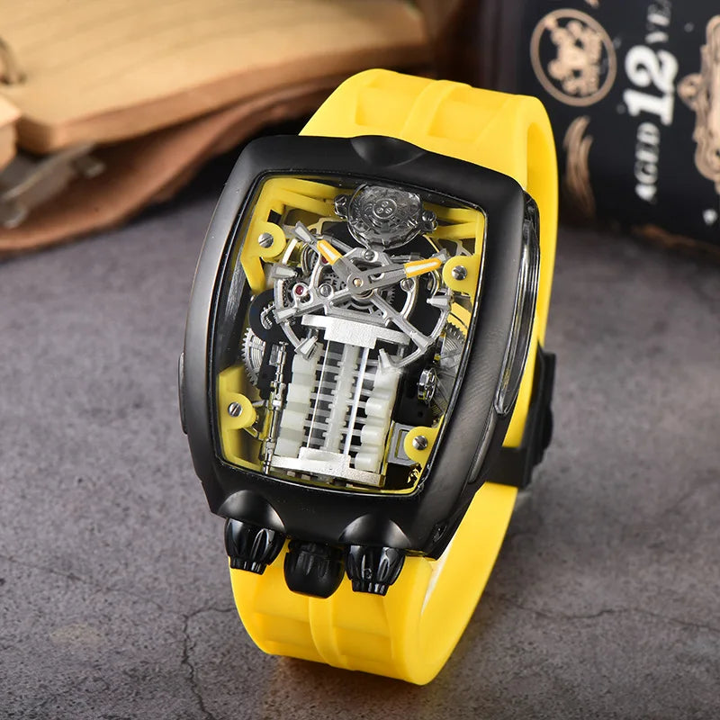 Luxury Men's Watch Stainless Steel Skeleton Case with Silicone Band Japanese Automatic Movement Watch Engine Decoration Watch