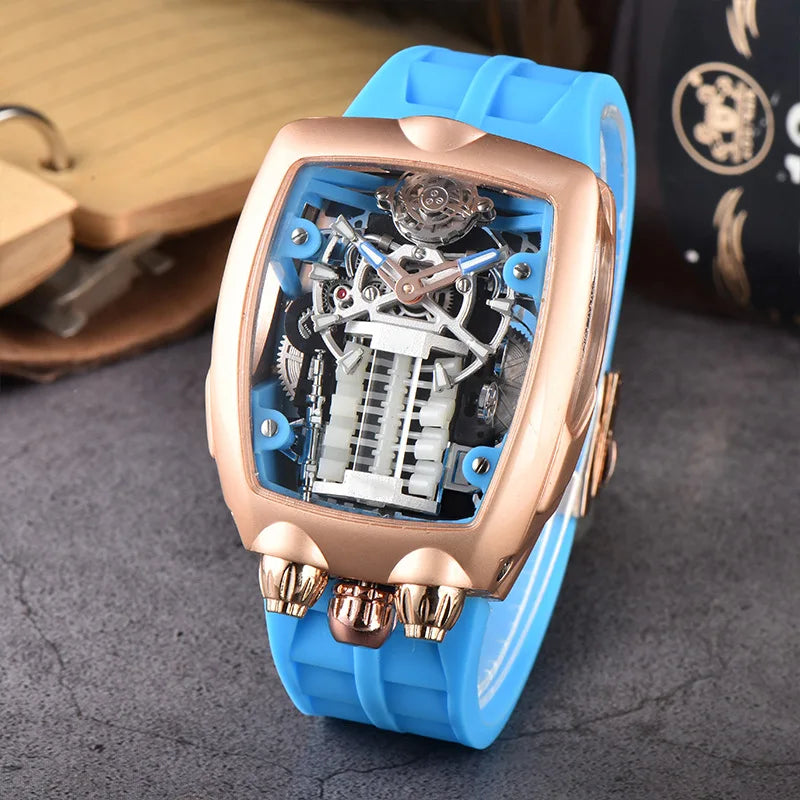 Luxury Men's Watch Stainless Steel Skeleton Case with Silicone Band Japanese Automatic Movement Watch Engine Decoration Watch