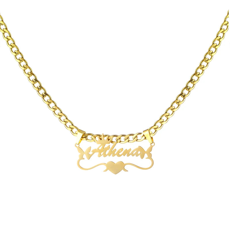 Custom Butterfly Cartoon Character Name Necklace Women Nameplate Jewelry Gold Stainless Steel Cuban Chain Initial Necklaces