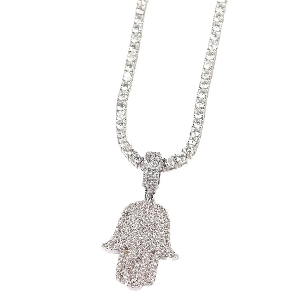 High Quality Turkish Jewelry for Women Hamsa Hand Pendant Lucky Charm Micro Pave CZ Silver Plated Necklace Cuban Link Chain