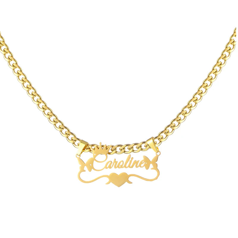 Custom Butterfly Cartoon Character Name Necklace Women Nameplate Jewelry Gold Stainless Steel Cuban Chain Initial Necklaces