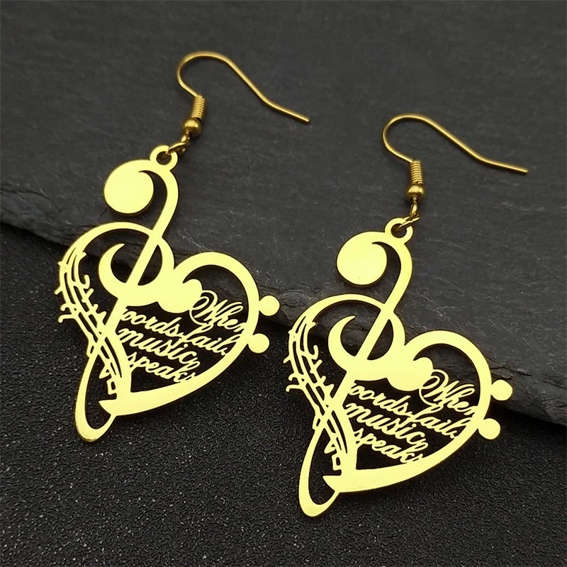 Boucles d'oreilles pendantes en acier inoxydable pour femmes et hommes, Note de musique d'amour, couleur or argent, cœur, amoureux de la musique, bijoux à la mode