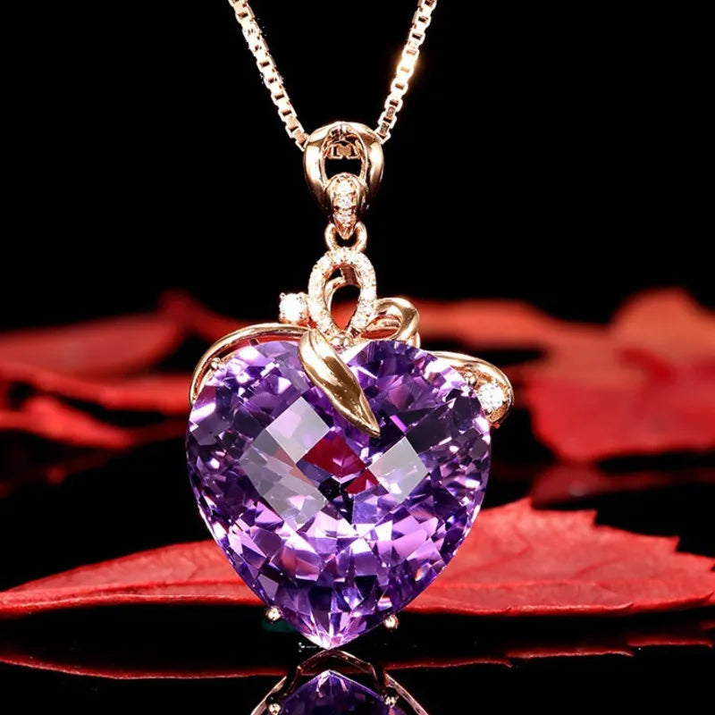 WOSIKATE luxe en forme de coeur améthyste pendentif collier femmes 925 argent plaqué 18K or Rose chaîne collier bijoux de mode