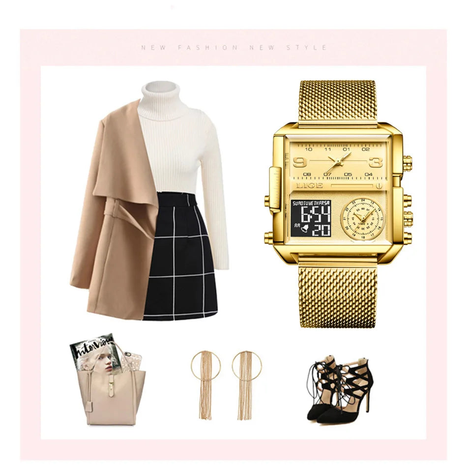 55_LIGE 2024 mode double affichage montre femmes haut de gamme de luxe créatif carré montres dames décontracté montre en or Relogio Feminino