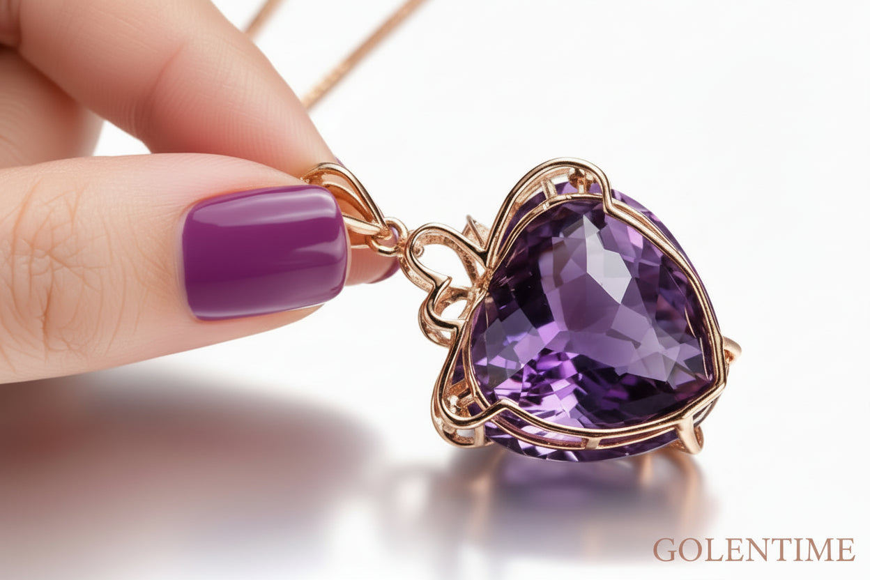 Collier pendentif en améthyste en forme de cœur de luxe pour femme, quartz violet, or 8K, pierres précieuses, bijoux en bronze blanc