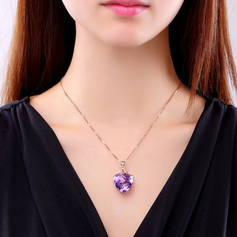 WOSIKATE luxe en forme de coeur améthyste pendentif collier femmes 925 argent plaqué 18K or Rose chaîne collier bijoux de mode